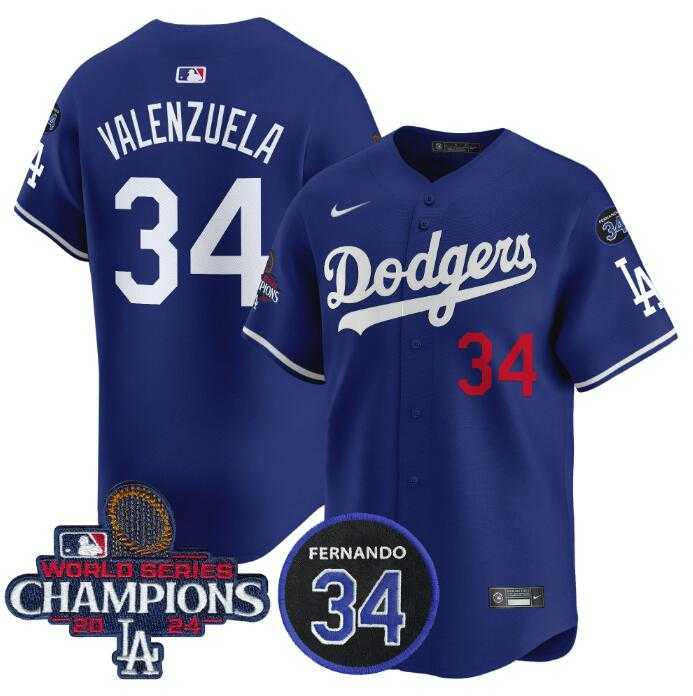 Mens Los Angeles Dodgers Active Player Cuatom Royal 2024 World Series Champions With Fernando Memorial Patch Alternate Limited Stitched Baseball Jersey